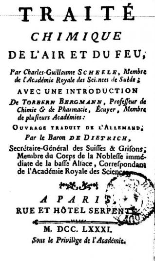 Traité chimique de l’air et du feu, Carl Wilhelm Scheele, 1777, source Gallica